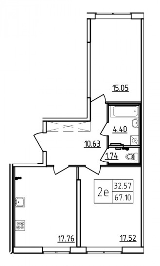 Трёхкомнатная квартира (Евро) 67.1 м²