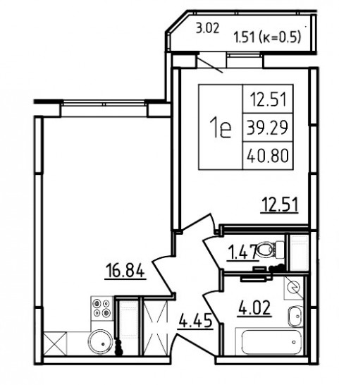 Двухкомнатная квартира (Евро) 40.8 м²