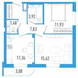 Двухкомнатная квартира 53.66 м²