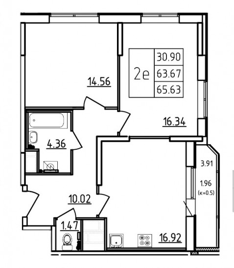 Трёхкомнатная квартира (Евро) 65.63 м²
