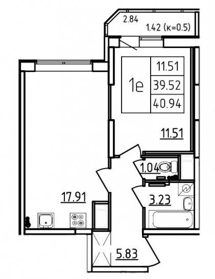 Двухкомнатная квартира (Евро) 40.94 м²