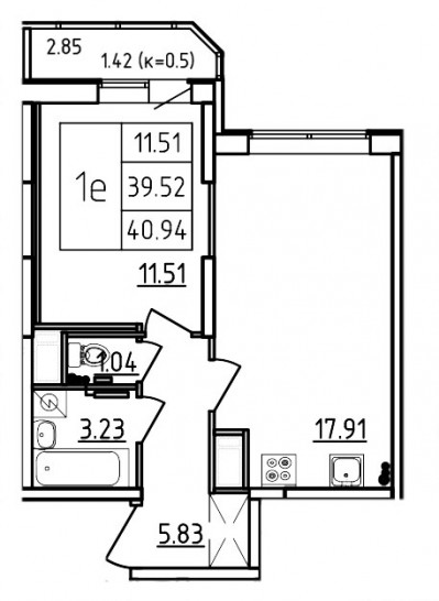 Двухкомнатная квартира (Евро) 40.94 м²