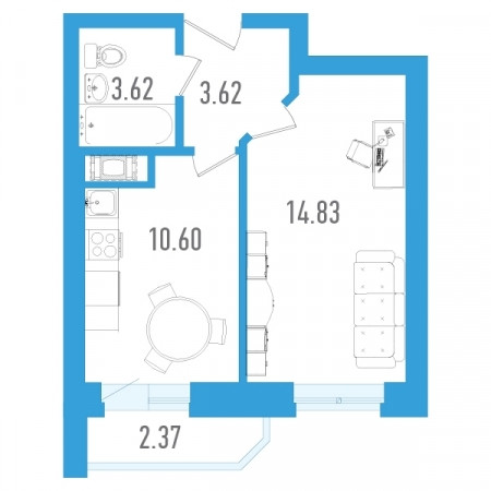 Однокомнатная квартира 33.86 м²
