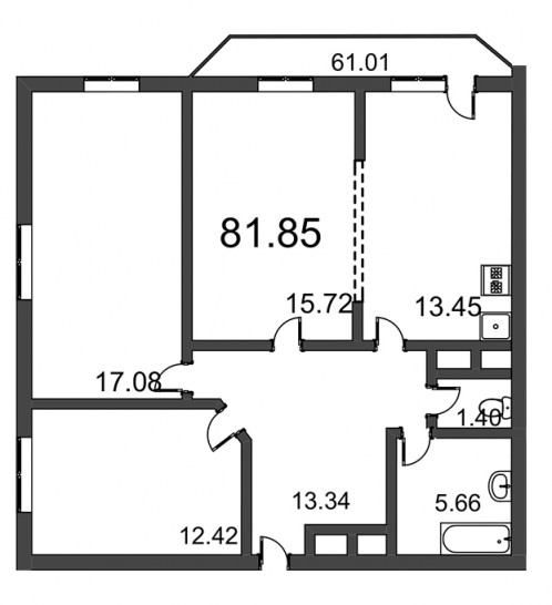 Трёхкомнатная квартира 81.85 м²