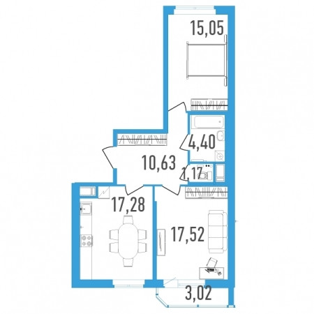Двухкомнатная квартира 67.56 м²