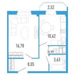 Однокомнатная квартира 41.33 м²