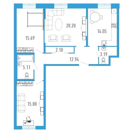 Трёхкомнатная квартира 89.14 м²