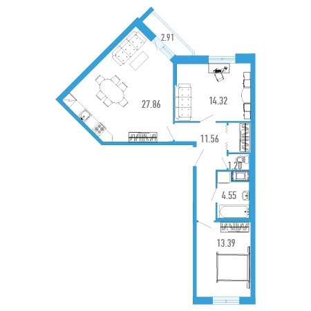 Двухкомнатная квартира 74.33 м²