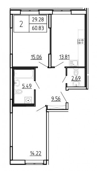 Двухкомнатная квартира 60.83 м²