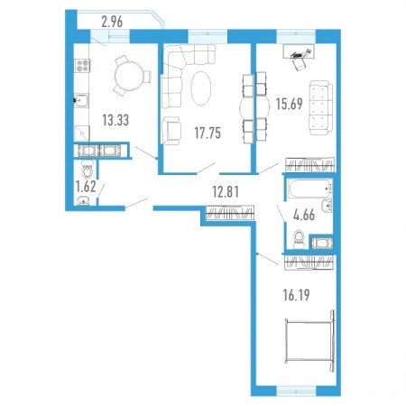 Трёхкомнатная квартира 83.54 м²
