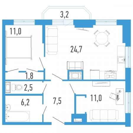Двухкомнатная квартира 66.8 м²
