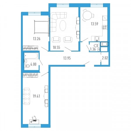 Трёхкомнатная квартира 86.14 м²