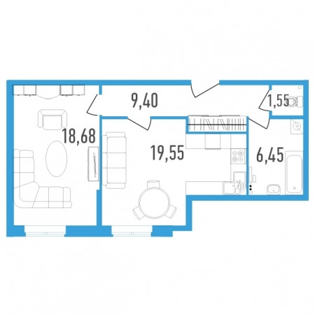 Однокомнатная квартира 55.63 м²