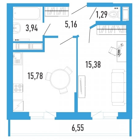 Однокомнатная квартира 44.83 м²