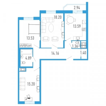 Трёхкомнатная квартира 83.8 м²