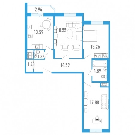 Трёхкомнатная квартира 86.58 м²